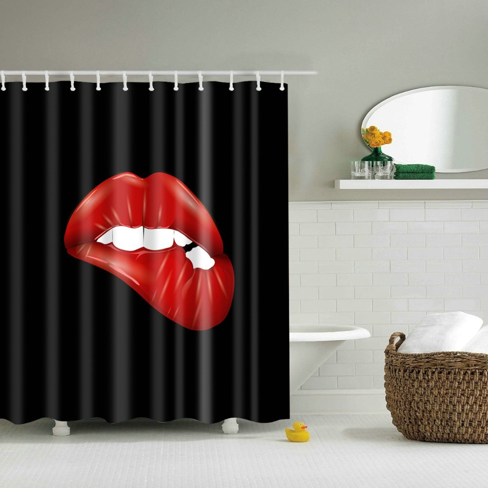 Sexy Red Lips Shower Curtain Mysterious Woman Perfume Bottle Lipstick