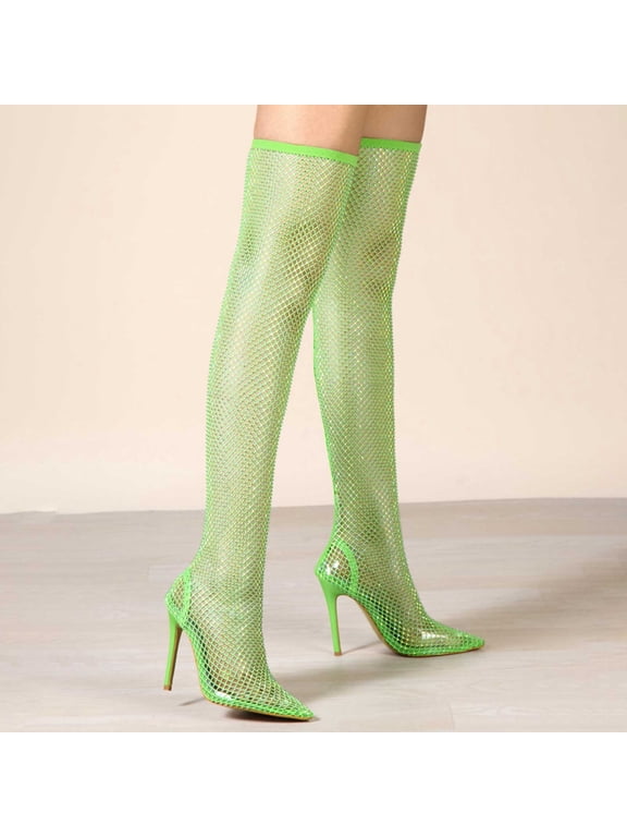 Sexy Rhinestone Fishnet Sock Stiletto Thigh High Boots For Womens