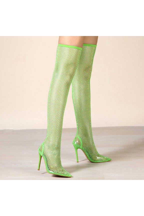 Sexy Rhinestone Fishnet Sock Stiletto Thigh High Boots For Womens