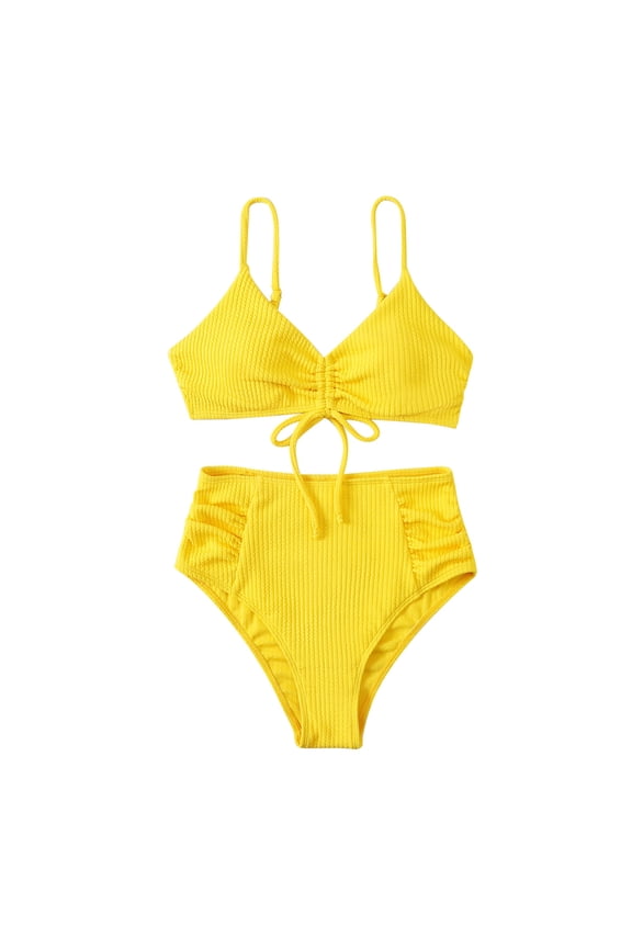 Sexy Ribbed Padded Bikini Set for Womens High Waisted Lace Up Bathing Suits 2022 Hipster Two Piece Swimsuits Solid