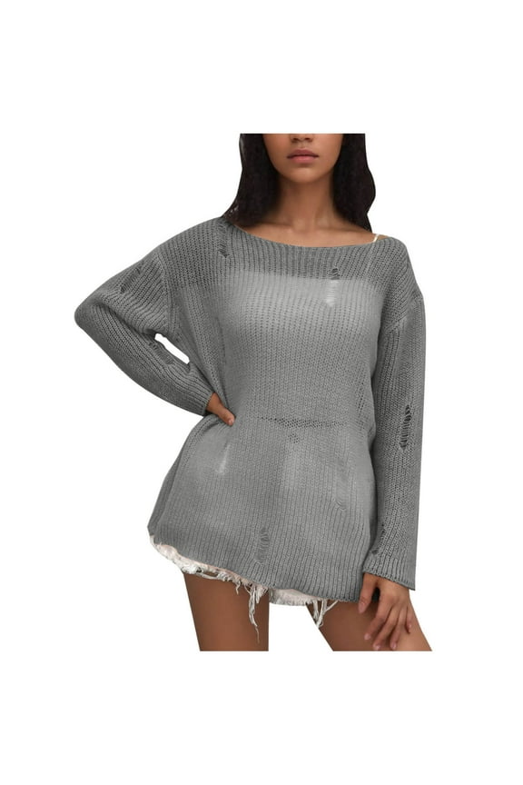 Sexy Ripped Sweaters for Women Fall Winter Fashion Long Sleeve Sweater Sheer Mesh Crew Neck Shirts Solid Casual Pullover Tops