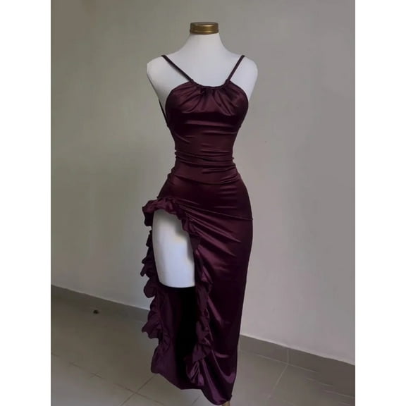 Sexy Satin Bodycon Long Dress Women Vintage Backless Strapless Ruffles Fork Party Club Elegant Evening Dresses Female Vestidos