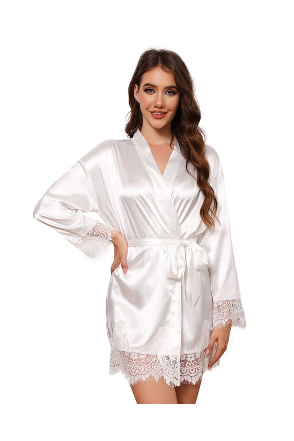 Sexy Satin Robe for Women Lace Trim Silk Robe Womens Silk Kimono Robe Short Satin Bathrobe for Women, S-XXL
