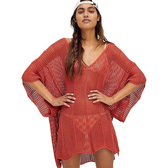Sexy See Through Mesh Knited Bikini Cover-ups Red Crochet Tunic Women Summer Mini Dress Beach Wear Swim Suit Cover Up