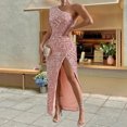 thumbnail image 1 of Sexy Sequined Shoulder Sleeping Beauty Split Solid Color Dress, 1 of 6