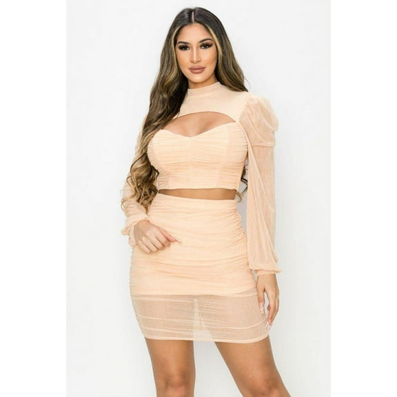 Sexy Sheer Cutout Puff Sleeved Top And Skirt Set
