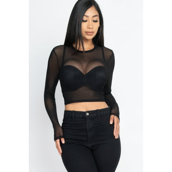 Sexy Sheer Mesh Long Sleeve Crop Top