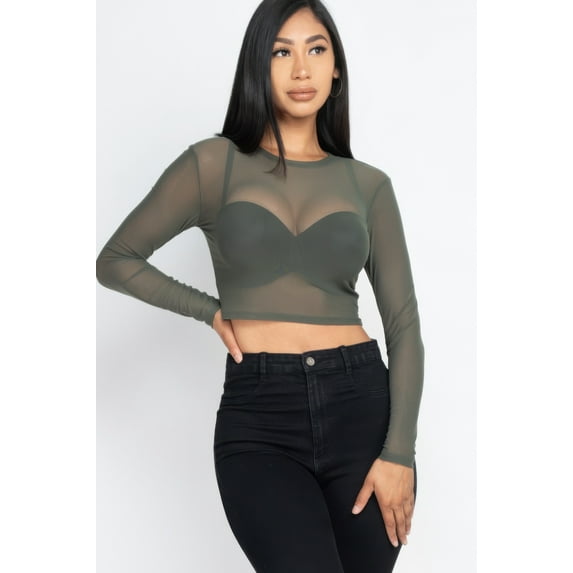 Sexy Sheer Mesh Long Sleeve Crop Top
