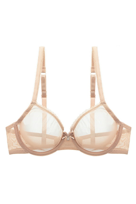 Sexy Sheer See Through Bras Unlined Underwire Lace Mesh Non Padded Plus Sizes Bralette 34C, Beige