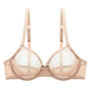 YANDW Sexy Sheer See Through Bras Unlined Underwire Lace Mesh Non Padded Plus Sizes Bralette 34C, Beige