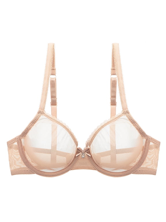 Sexy Sheer See Through Bras Unlined Underwire Lace Mesh Non Padded Plus Sizes Bralette 38E, Beige
