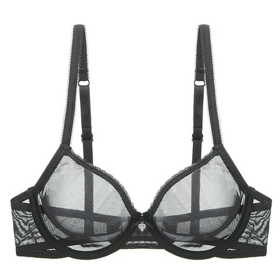 YANDW Sexy Sheer See Through Bras Unlined Underwire Lace Mesh Non Padded Plus Sizes Bralette 38B, Black