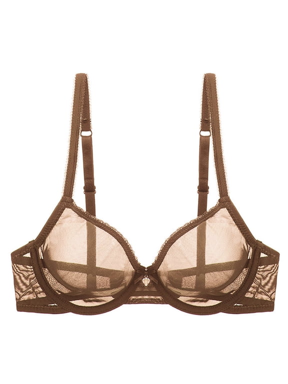 Sexy Sheer See Through Bras Unlined Underwire Lace Mesh Non Padded Plus Sizes Bralette 42F, Brown