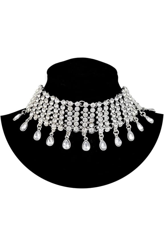 Sexy Shining Crystal Full Rhinestone Choker Necklace Water Drop Pendant Necklace Statement Necklaces Wide Collar Necklaces for Lady Party Jewelry (Silver)