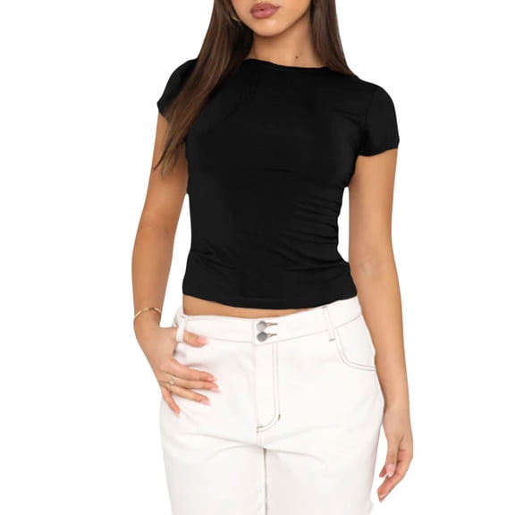 Sexy Short Sleeve Top for Women Solid Slim Fitted Shirt Tee Basic Crew Neck Crop Top Blouse