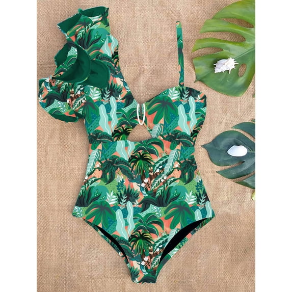 Sexy Shoulder Ruffle Women One Piece Swimsuit Solid Female Swimwear Backless Padded Beach Bathing Suit 2024 Summer Beachwear (SW19943GQ,L)