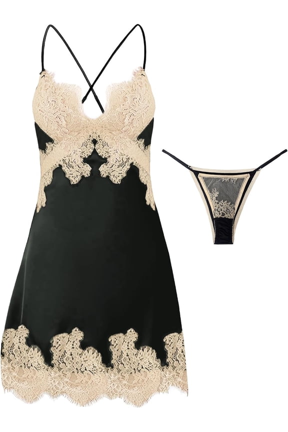 Sexy Silk Lace Up Backless Satin Applique Floral Babydoll Lingerie Dress with Tong 2 Piece