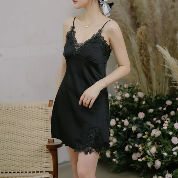 Sexy Silk Nightgowns for Women Lace Splice V Neck Sleeveless Spaghetti Strap Sleepshirts Ladies Trendy Soft Satin Solid Sleepwear Dresses Clearance Christmas Pajamas