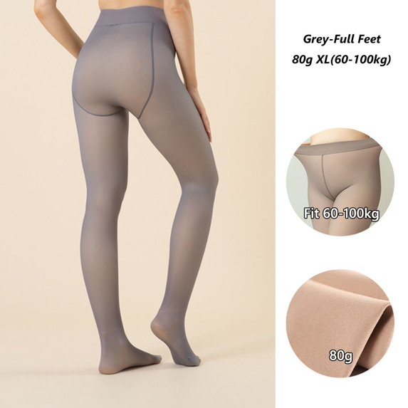 Sexy Skin Colored Thick Plus Size Fake Translucent Leggings Warm Pantyhose Fleece Lined Tights Thermal Stockings 80G XL(60-100KG) GREY-FULL FEET