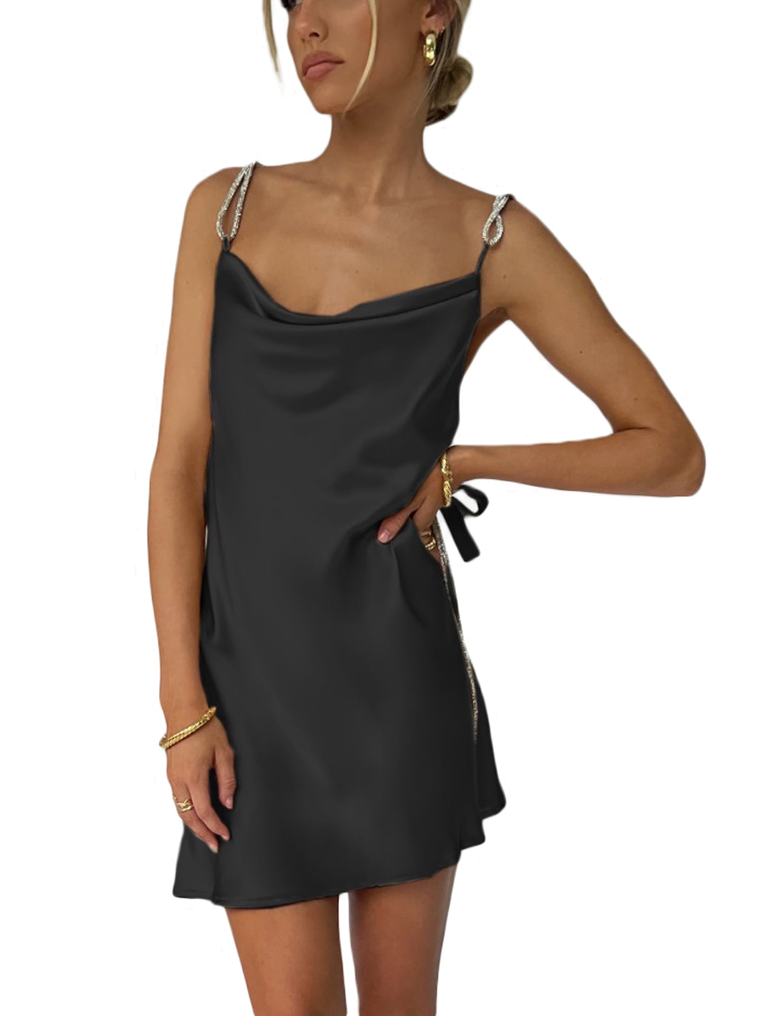 Sexy Sleeveless Silk Satin Mini Dress Spaghetti Strap Backless Low Cut  Short Dress Slim Fit Night Party Cami Dress Streetwear 
