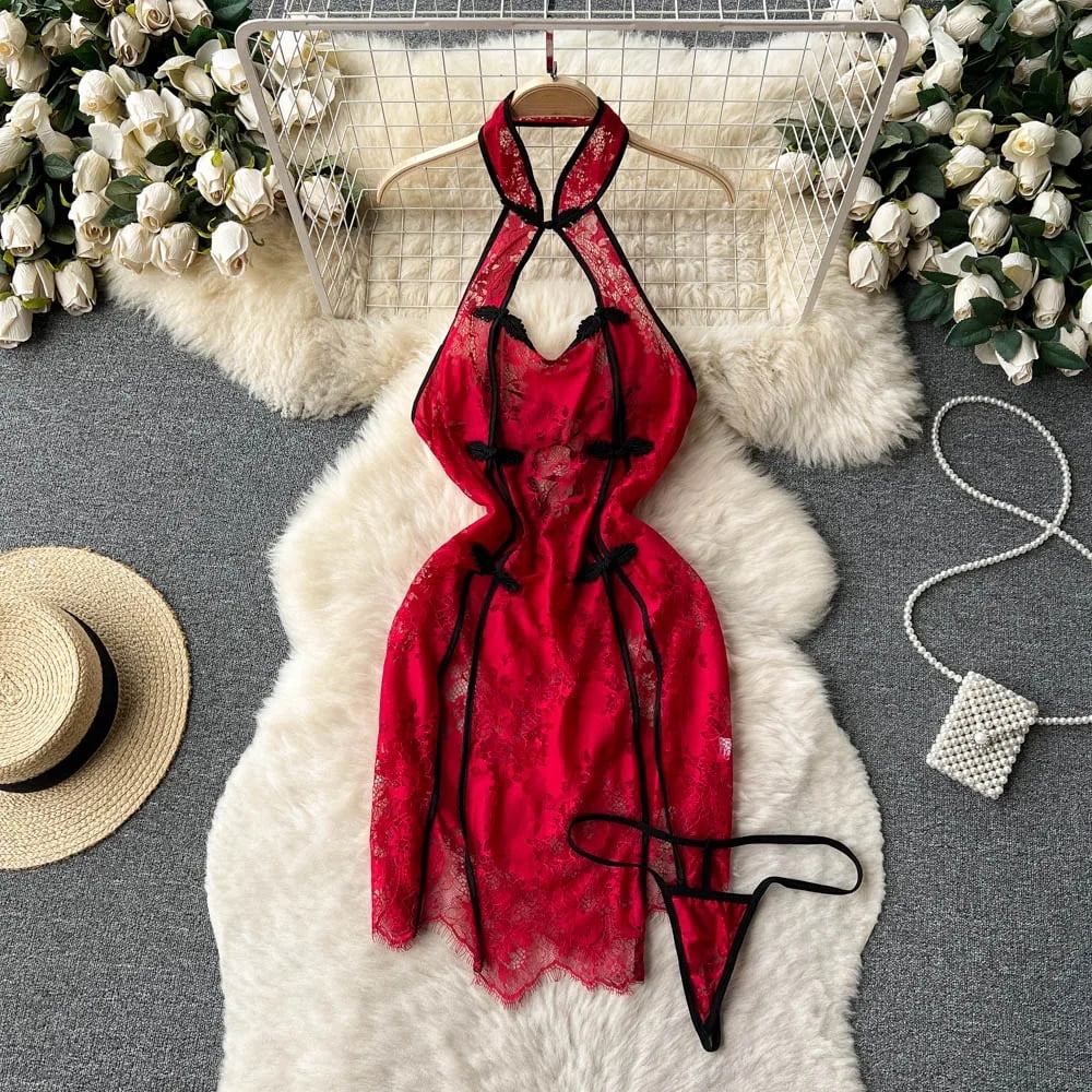 Sexy Slim Chinese Cheongsam Halter Nightwear Lingerie Halter Hollow ...