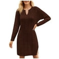 thumbnail image 1 of Sexy Slim V-Neck Bodycon Sweater Dresses Woman Autumn Ribbed Long Sleeve Women's Dress Solid Elastic Waist Minidress Luxurious Women's Evening Dresses Wine 2XL, 1 of 5