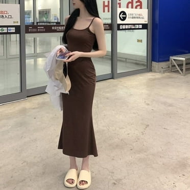Sexy Slip Maxi Long Dress Summer Fashion Women Solid Color Y2K Wrap Hip Bodycon Party Dresses CDPF-WYP-T33 (Brown,XXL)