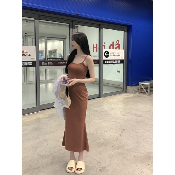 Sexy Slip Maxi Long Dress Summer Fashion Women Solid Color Y2K Wrap Hip Bodycon Party Dresses CDPF-WYP-T33 (Light Coffee,XXL)