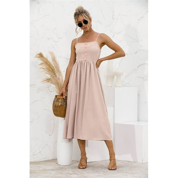 Sexy Smocked Back Button Halter Long Dress