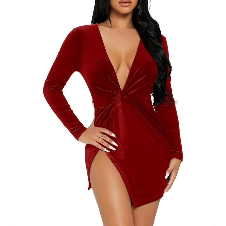 O-Neck Slit Plain Velvet Bodycon Dress O-Neck Slit Plain Velvet Bodycon Dress