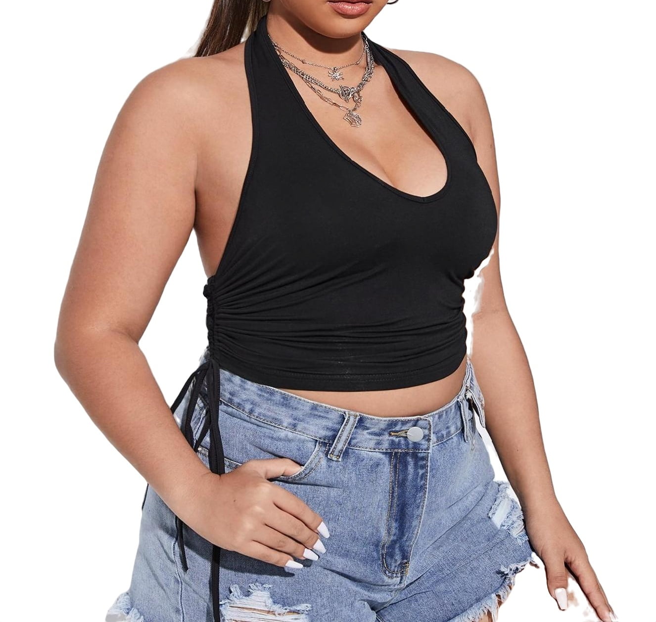 Sexy Solid Halter Halter Black Plus Size Tank Tops & Camis (Women's)