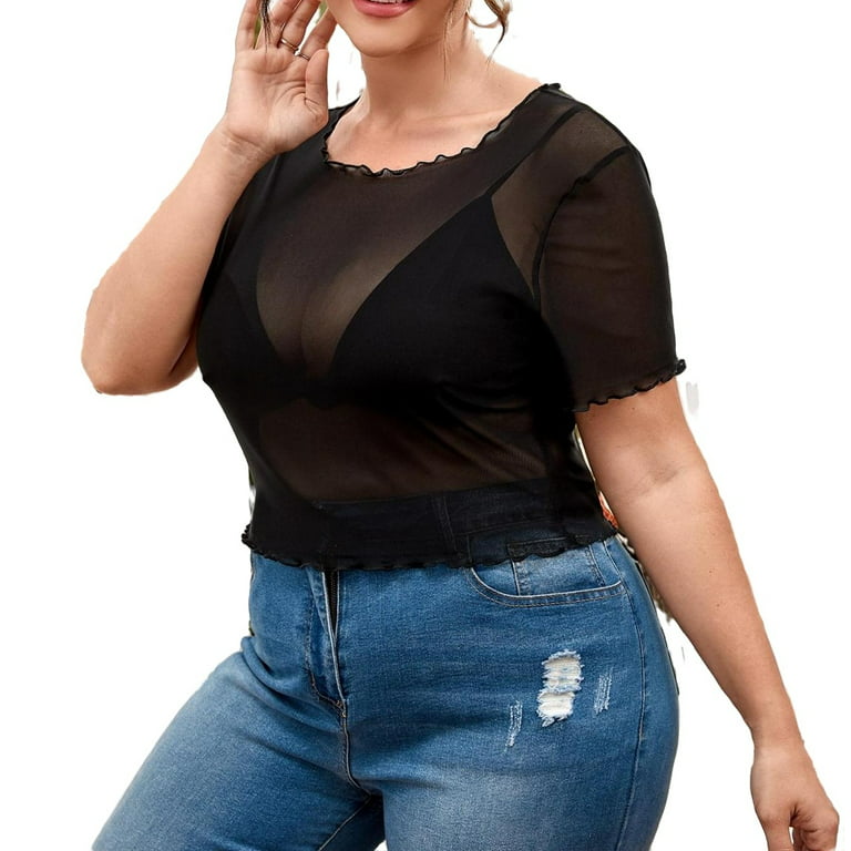 Sexy Solid Round Neck Short Sleeve Black Plus Size Womens Tops