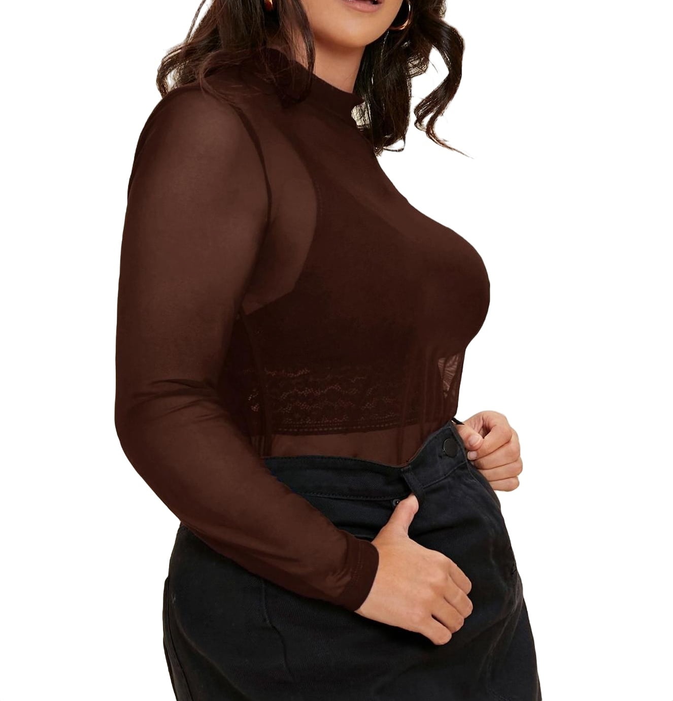 Sexy Solid Stand Collar Long Sleeve Chocolate Brown Plus Size Womens Tops  (Women's)