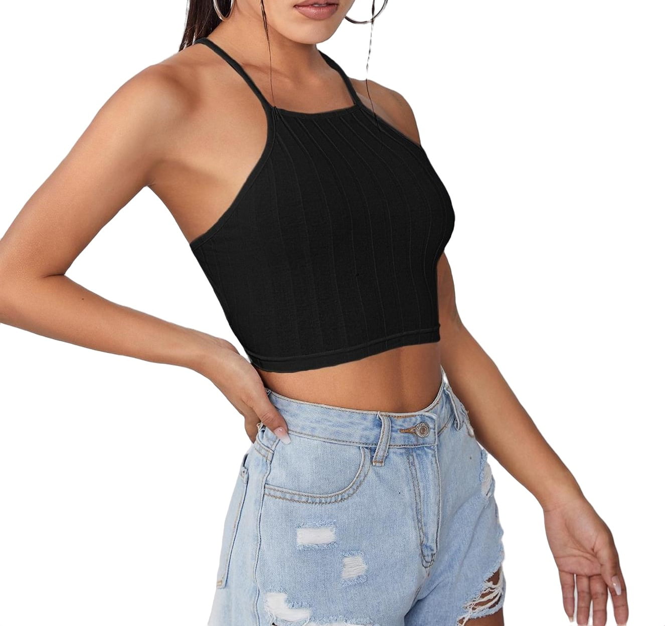  Women Summer Sexy Slim Top Cut Out Halter Spaghetti Strap Off  Shoulder Vest Tank Top Banded Workout Tops for Women (Black, XL) :  Clothing, Shoes & Jewelry