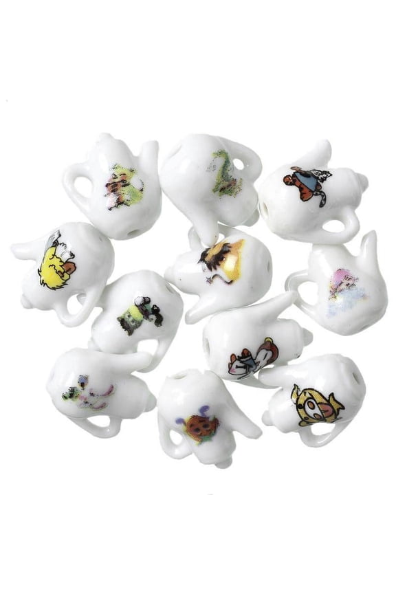 10 Pcs Ceramics Charms Teapot White Painted Patterns17mm