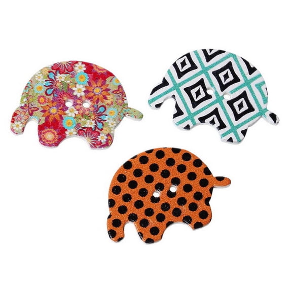 Sexy Sparkles 10 Pcs Elephant Wood Buttons Assorted Colors and Patterns 29mm
