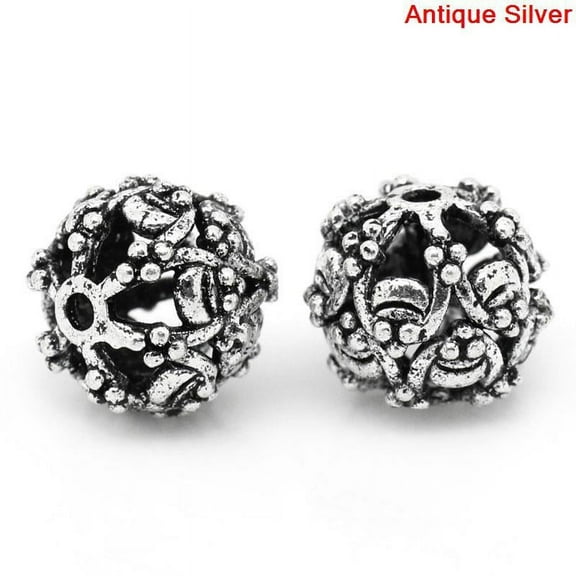 Sexy Sparkles 10 Pcs Silver Toned Round Flower Pattern Hollow Spacer Bead 10mm Dia, Hole: Approxx 1.1mm