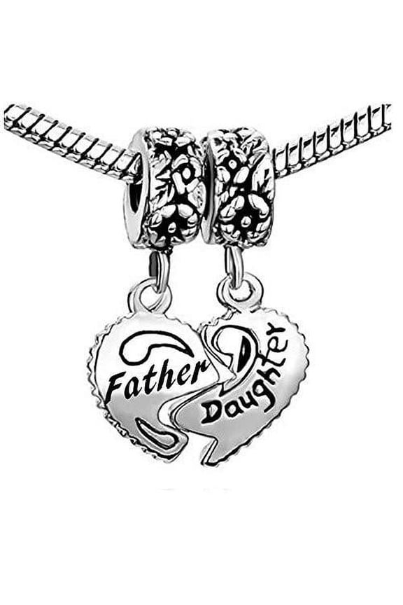 2-Piece Split Heart Father Daughter European Metal Base Silver Plated Charm Spacer Beads for Bracelets, Zinc Metal Alloy