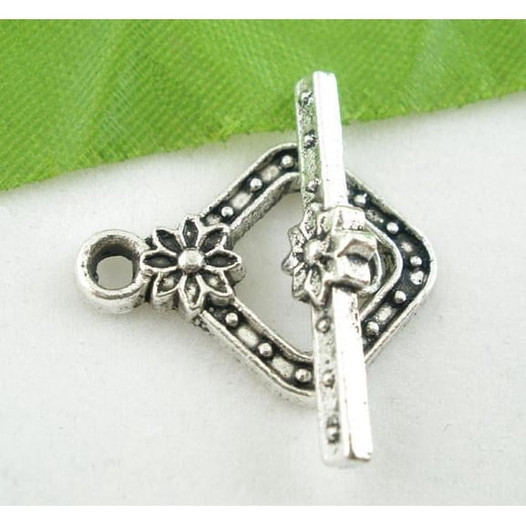 Sexy Sparkles 3 Sets Antique Silver Square Toggle Clasps 20mm (3 toggle clasp & 3 bar bead connector link)