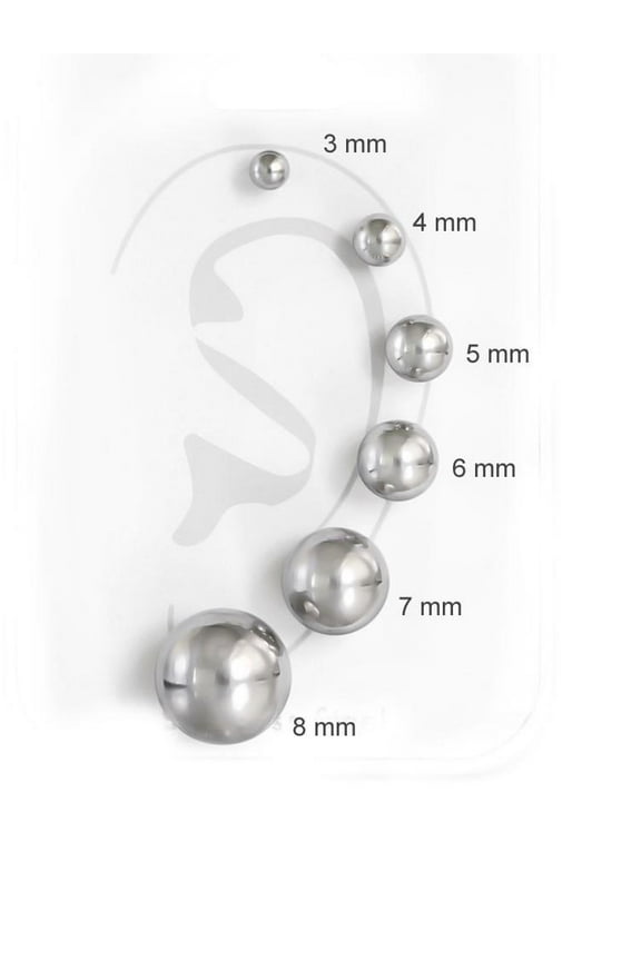 316L Surgical Stainless Steel Round Ball Studs Earrings 6 Assorted Sizes