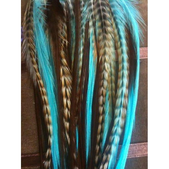 Sexy Sparkles 4-6 Turquoise, Genuine Grizzly Browns Extension for Hair Extension for Women - 5 Feathers