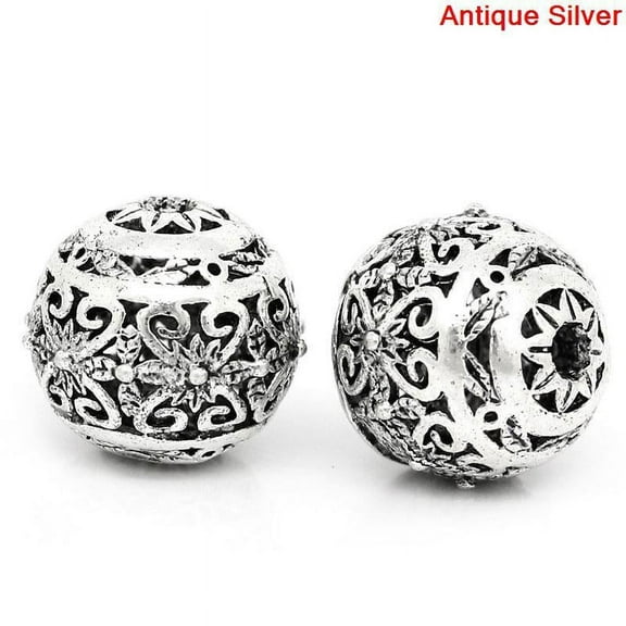 Sexy Sparkles 5 Pcs Round Hollow Spacer Beads Antique Silver Flower Pattern Carved 11mm