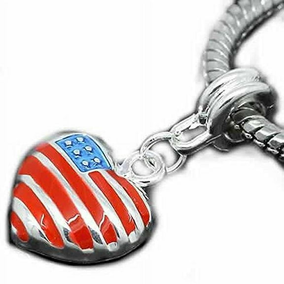 Sexy Sparkles American Flag Heart Charm Dangle Spacers for Snake Chain Bracelet - Zinc Metal Alloy