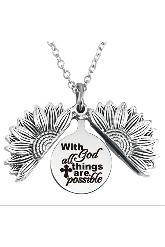 Antique Silver Tone Opens Sunflower Necklace With engraved God All Things are Possible - Zinc-Based Alloy, Stainless Steel Alloy
