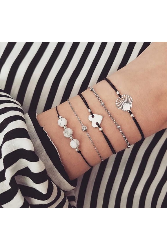 Stackable Bracelets Multilayer Boho Bracelet Sets Beads Metal Chain Rope Adjustable Bracelets for Women Elastic Rope Charm Bangle Bracelet Best Women Teen Gift