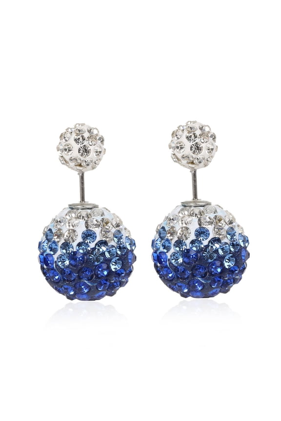Clay Earrings Double Sided Ear Studs Round Pave White Blue Rhinestone W/ Stoppers