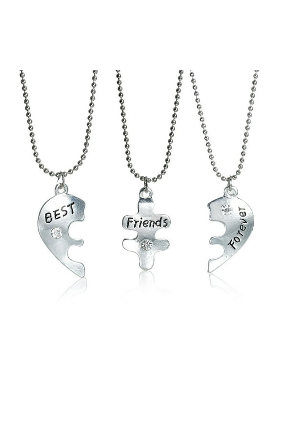 Clear Rhinestone Best Friends Forever Message Necklace Ball Chain Broken Heart Pendant - Zinc Metal Alloy, Rhinestone, 3 PCs