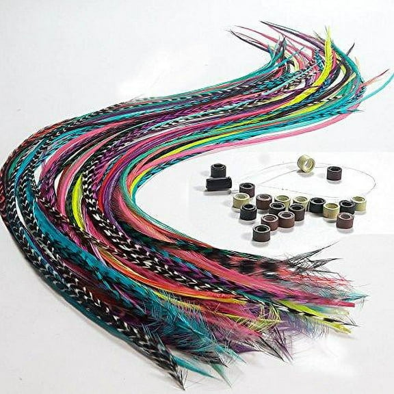 Sexy Sparkles Feather Hair Extensions, 100% Real Rooster Feathers, Long Rainbow Colors, 20 Feathers with 20 Beads and 1 Loop Tool Kit,