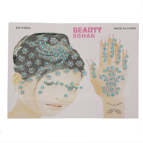 Sexy Sparkles Glitter Shimmer Temporary Tattoo Sticker Body Art Flower with Rhinestones Design 1 Sheet (Blue)