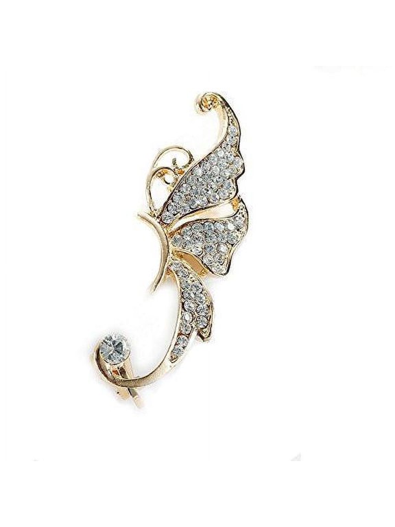 Gold Plated Butterfly Ear Cuff Clip On Stud Wrap Earrings For Left Ear, Clear Rhinestone Butterfly Climber for Women 2 1/8